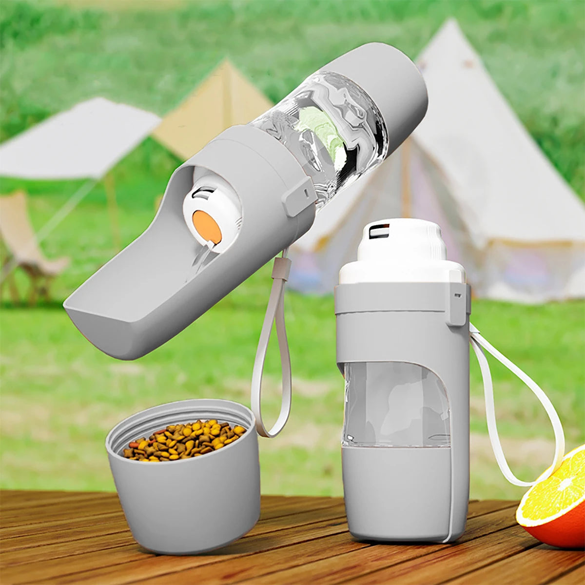 Hunde Trinkflasche mit Futterfach - 2 in 1 für unterwegs