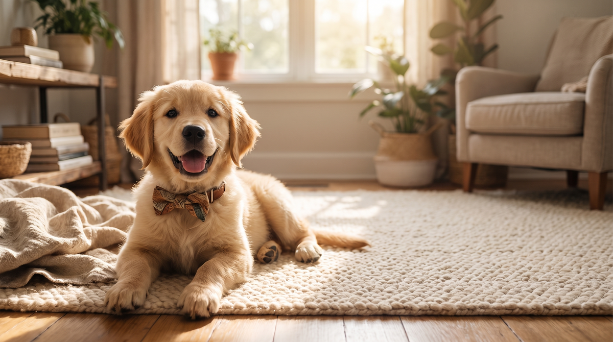 Happy dog wearing a fabric bow tie relaxing at home